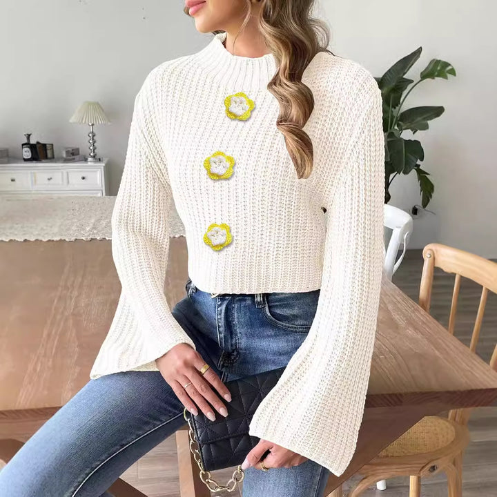 Dame hæklede pullover med høje ribdetaljer og pyntede knapper Stilla