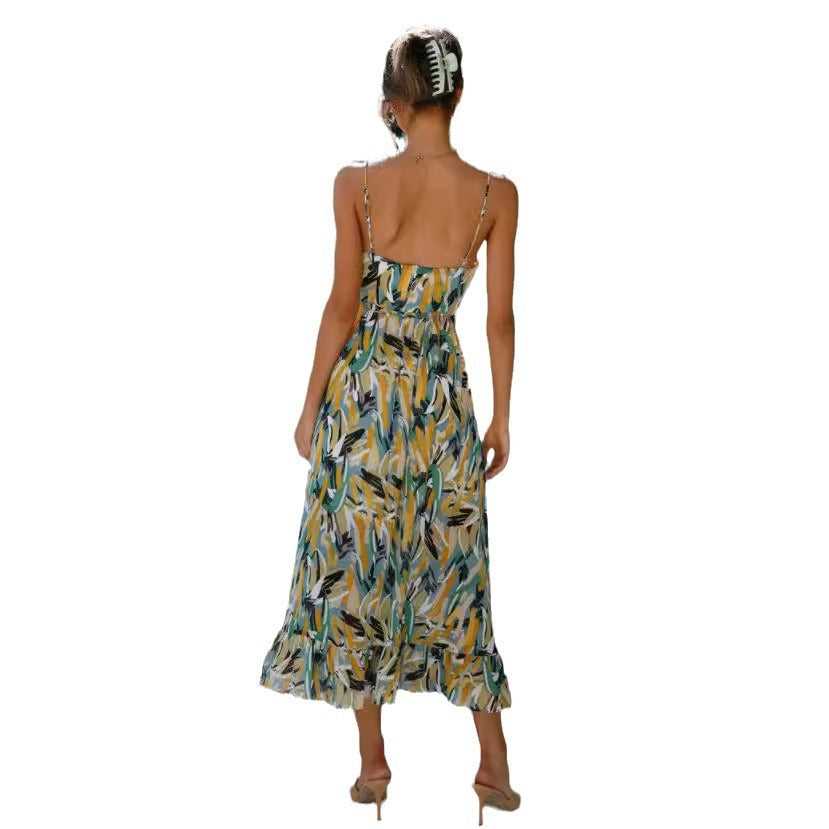 Dame Bohemian Floral Maxi Kjole med justerbare Spaghetti-stropper Stilla