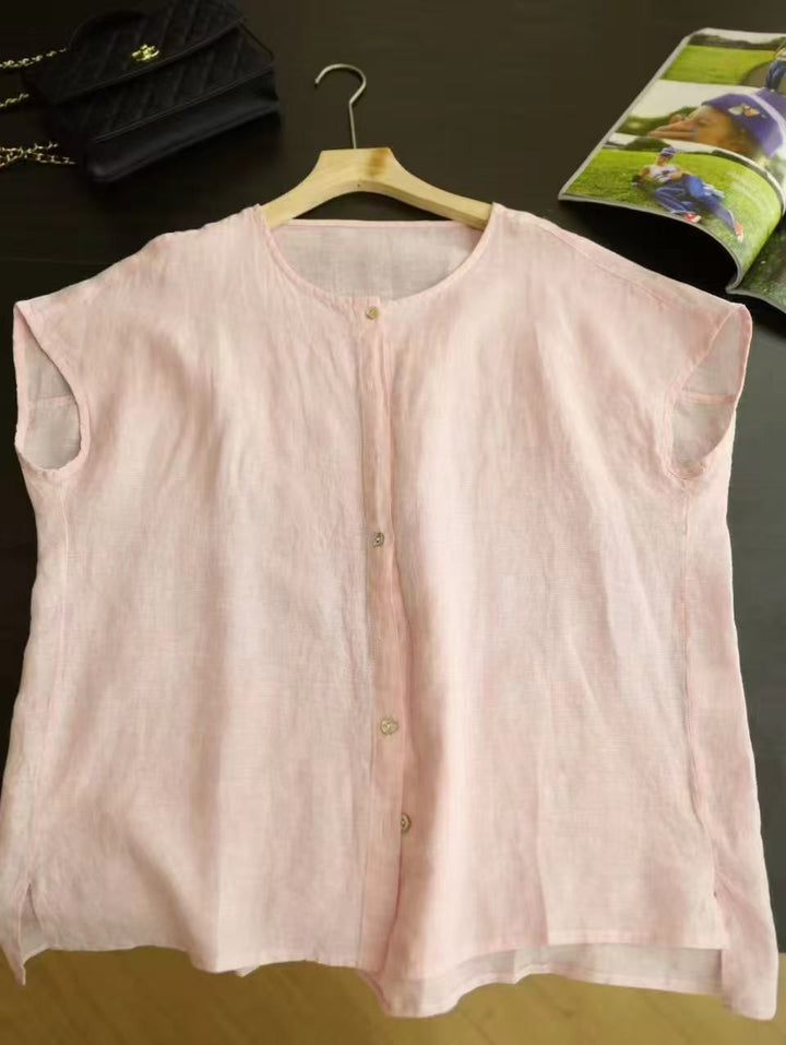 Femme Korte ærmer Knap-op Linned Bluse Stilla
