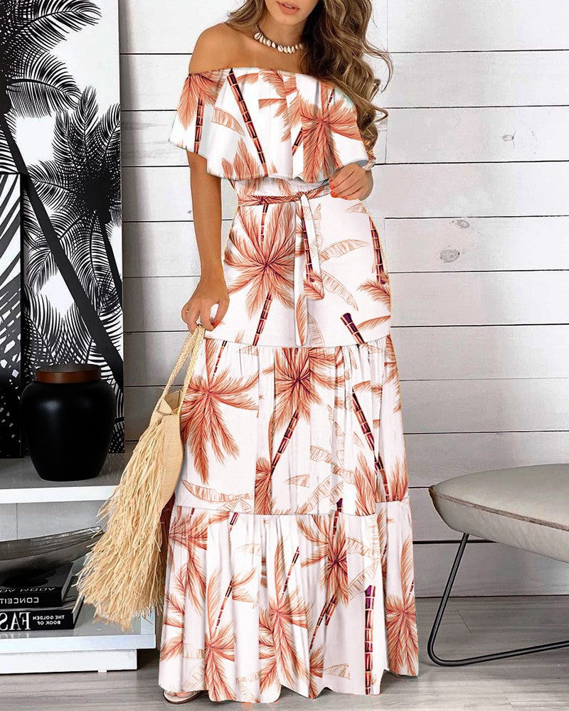 Dame Off-Shoulder Maxikjole med flydende, lagdelt nederdel Stilla