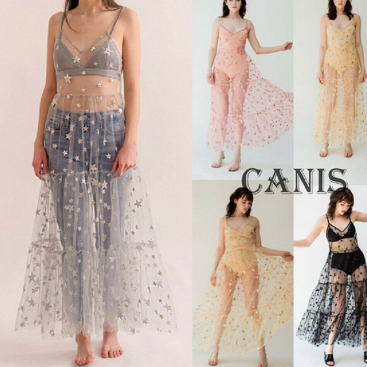 Damer Gennemsigtig Maxikjole i chiffon med stjernedesign og flerlags nederdel Skovae