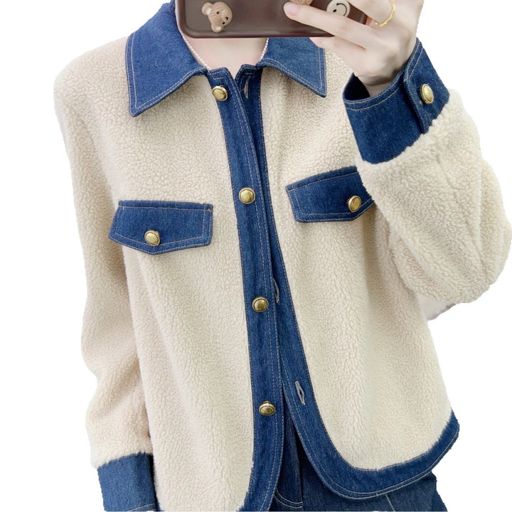 Dame Fleecejakke med Denim-detaljer Stilla