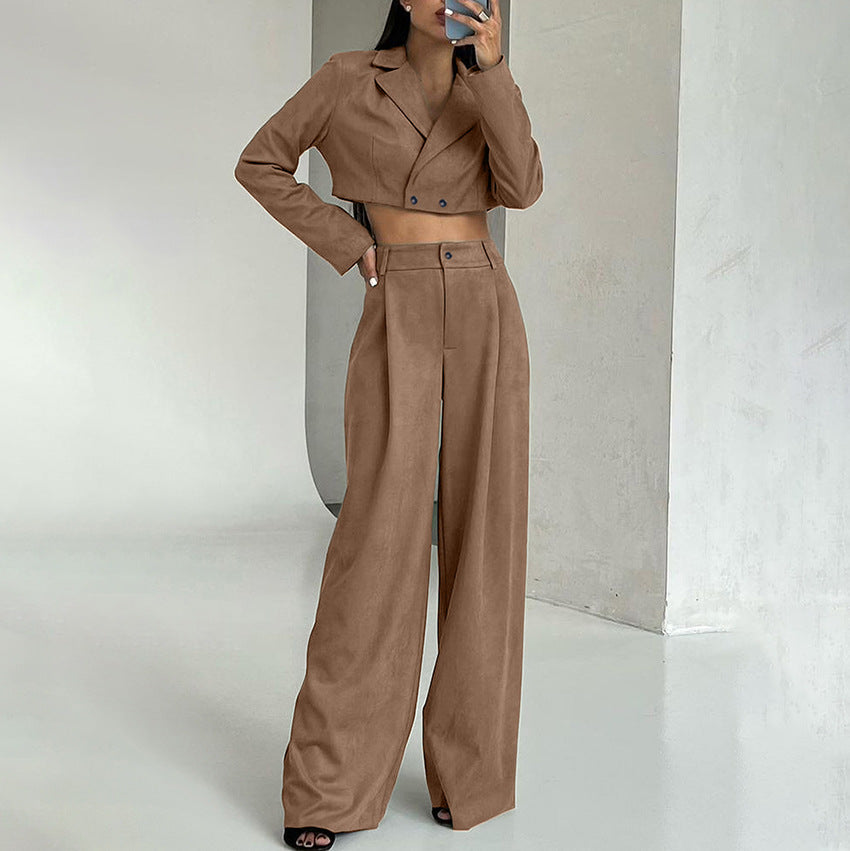 Dame Cropped Blazer og Vidde Bukser Sæt Stilla
