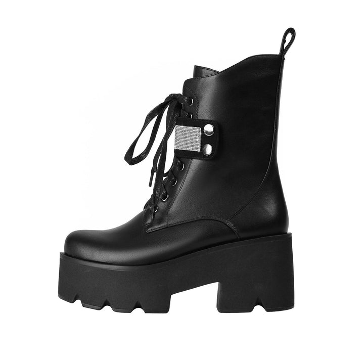 Femme Chunky Platform Snørebånd Kamp Støvler med Strass Accent Stilla