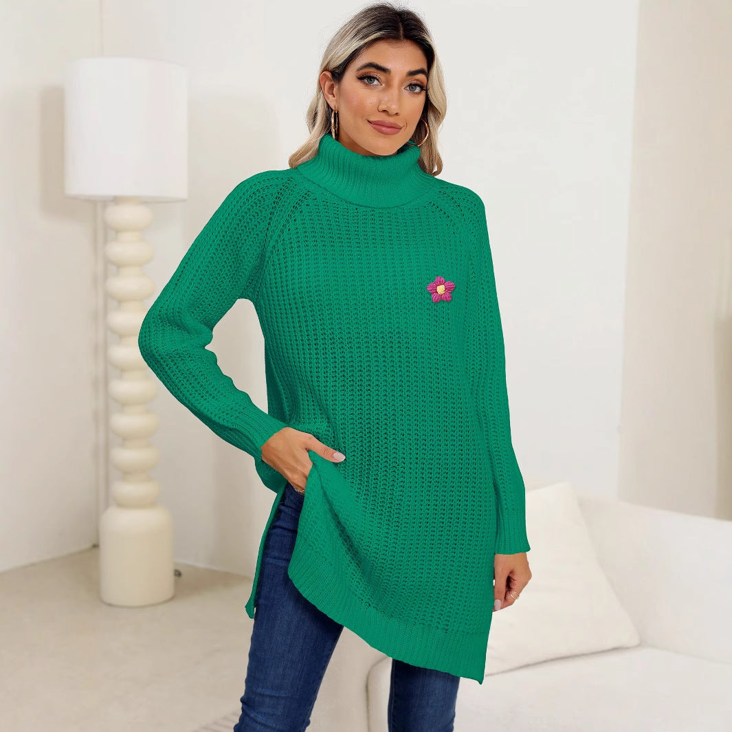 Dame strikpullover med højhalset krave og blomstret broderi-design Stilla