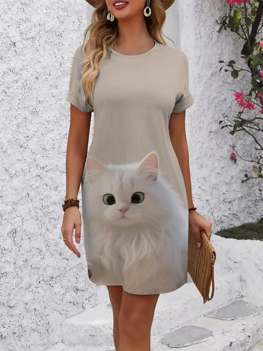 Dame T-Shirt Kjole med kreativt trykdesign Skovae