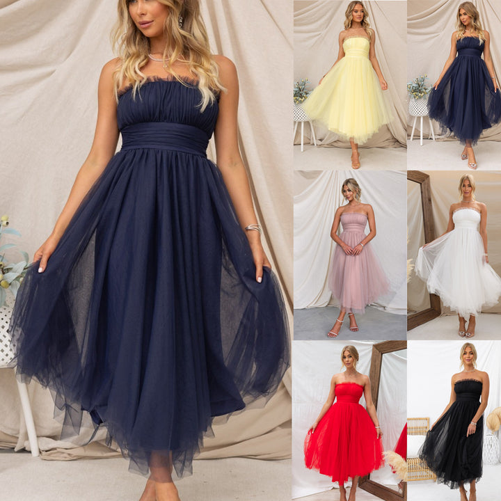 Dame Chiffon-prinsessekjole med transparent tyl og rynket overdel Stiila