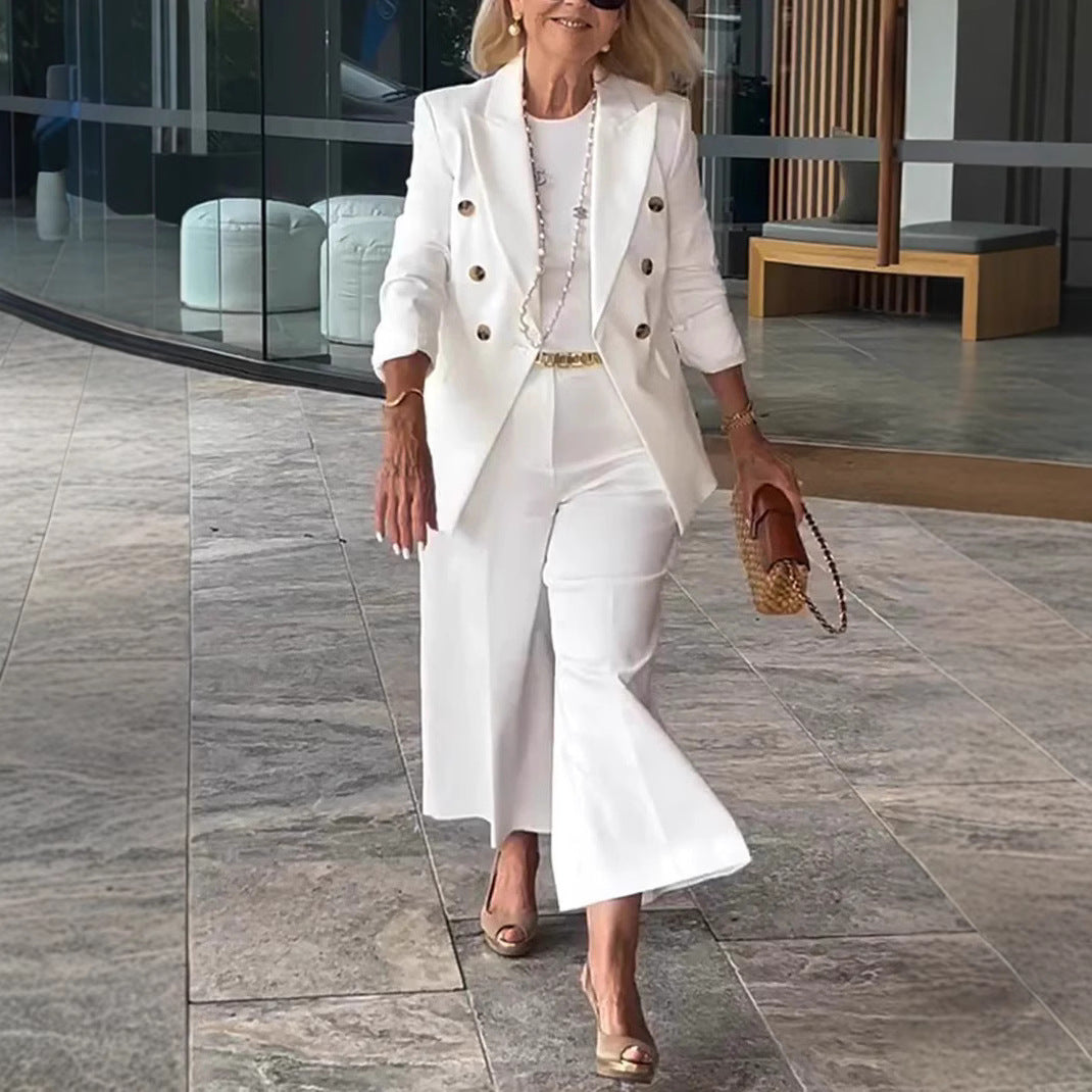 Damer Elegant Blazer- og Bukser-Sæt med dobbelt knaplukning og bredt ben Stilla