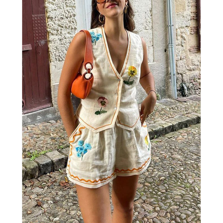 Dame elegant blazer- og shorts-sæt med florale broderier Stiila