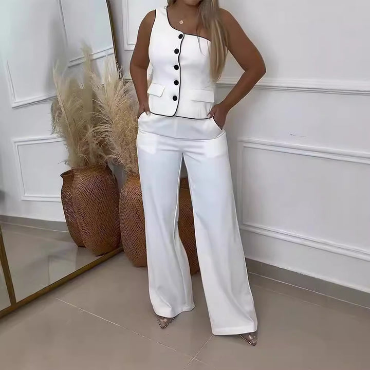 Damer Elegant To-delt Outfit med smykkeknapper og bredt skårne bukser Skovae