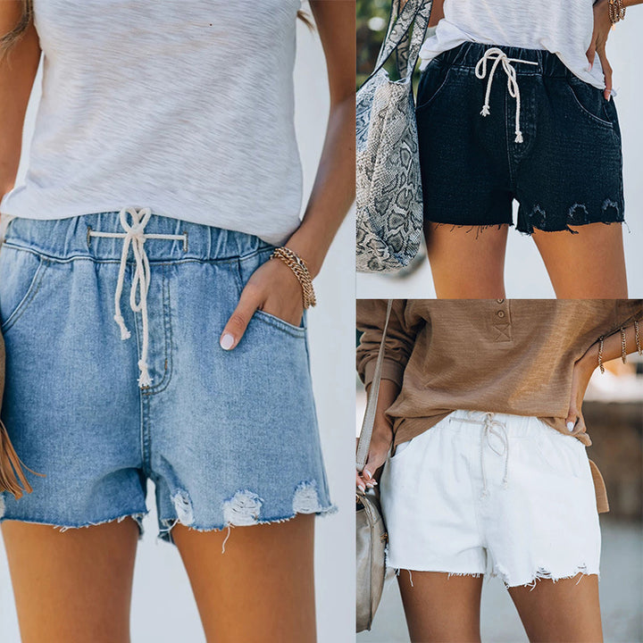 Dame jeansshorts med afslappet destroyed-effekt og elastisk talje Stilla