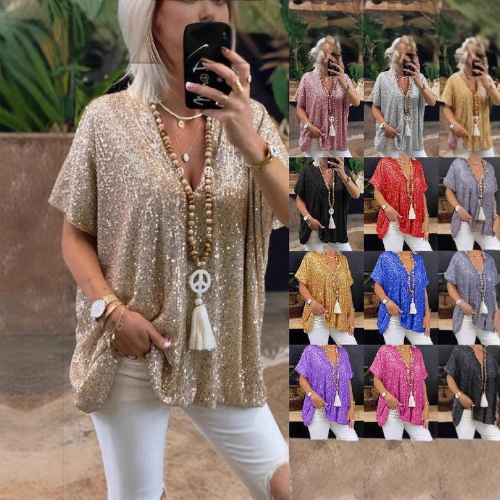 Dame Glitrende Tunika T-shirt med V-hals Stilla