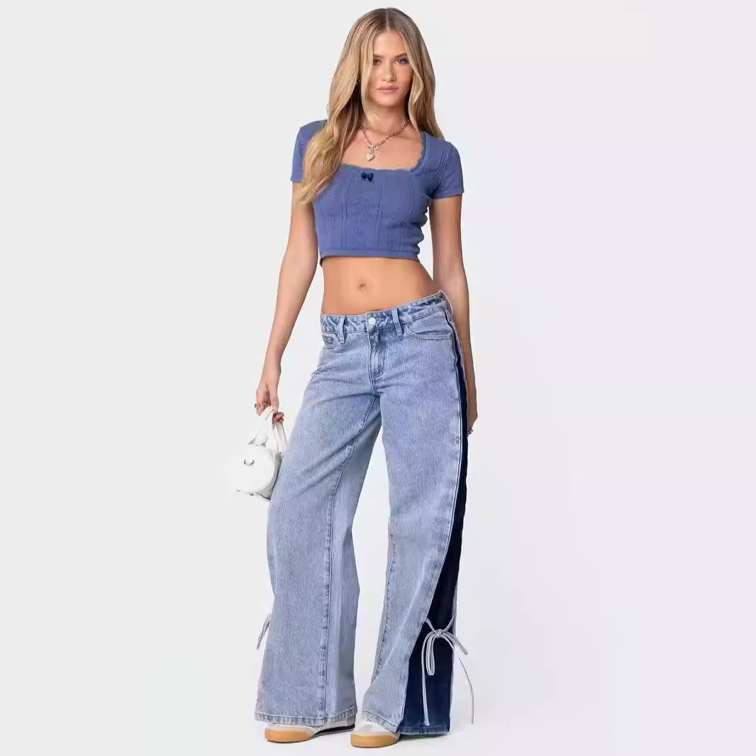 Dame brede denimbukser med elastiske indvendige linninger og moderne klokke Stilla