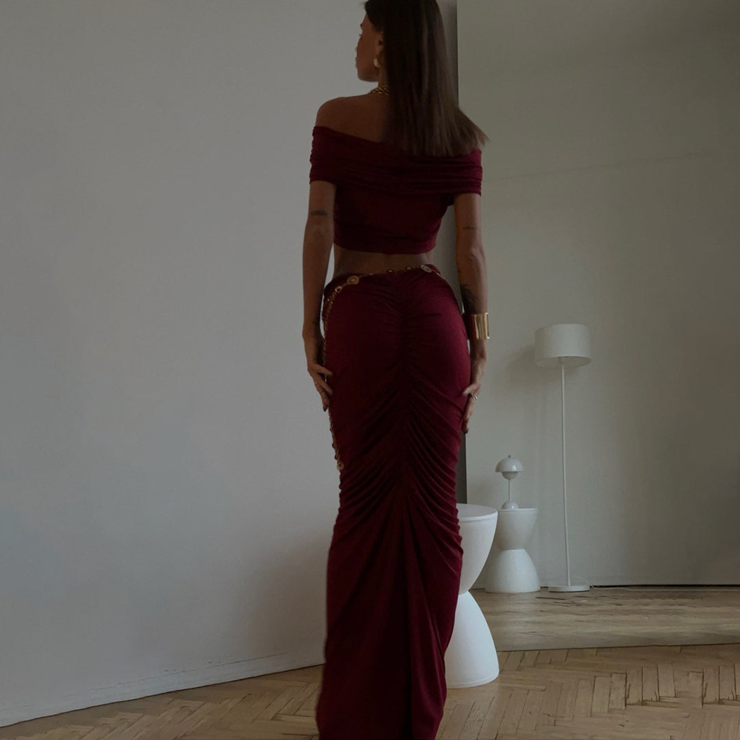 Dame Elegant Cropped-Top med Flydende Maxi-Nederdel og Raffinerede Ryshedetaljer Stilla