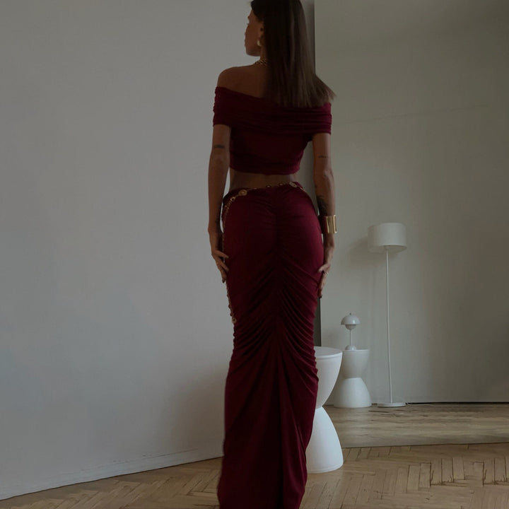 Dame Elegant Cropped-Top med Flydende Maxi-Nederdel og Raffinerede Ryshedetaljer Stilla