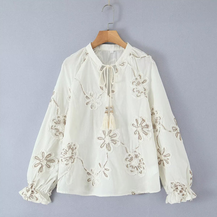 Damer Elegant Broderet Bluse med Flæser Stilla