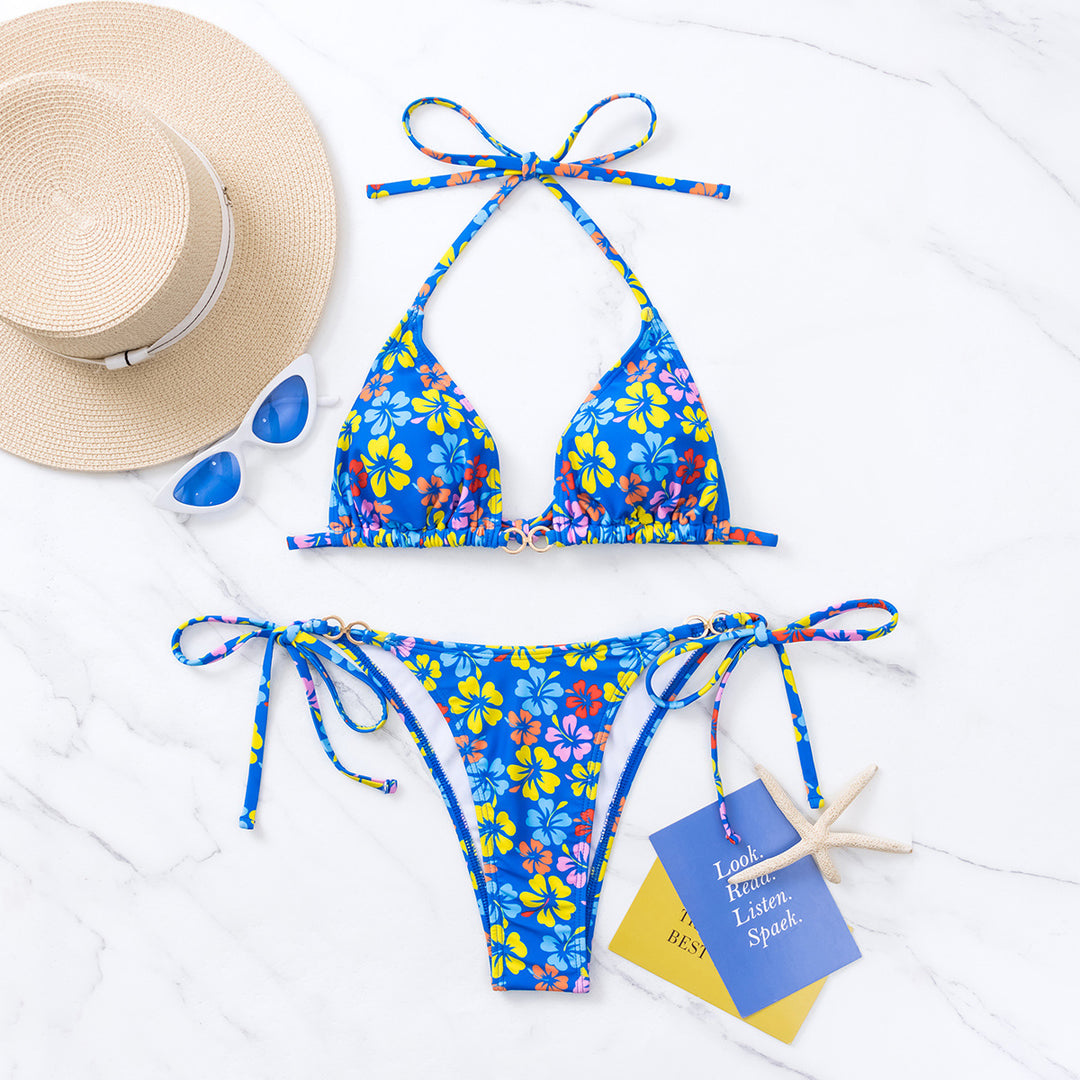 Dame triangel-bikini med blomsterprint og justerbare snore Skovae