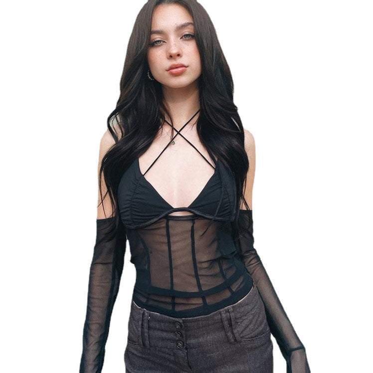 Dame crop-top med gennemsigtigt design og raffinerede flæseærmer Skovae