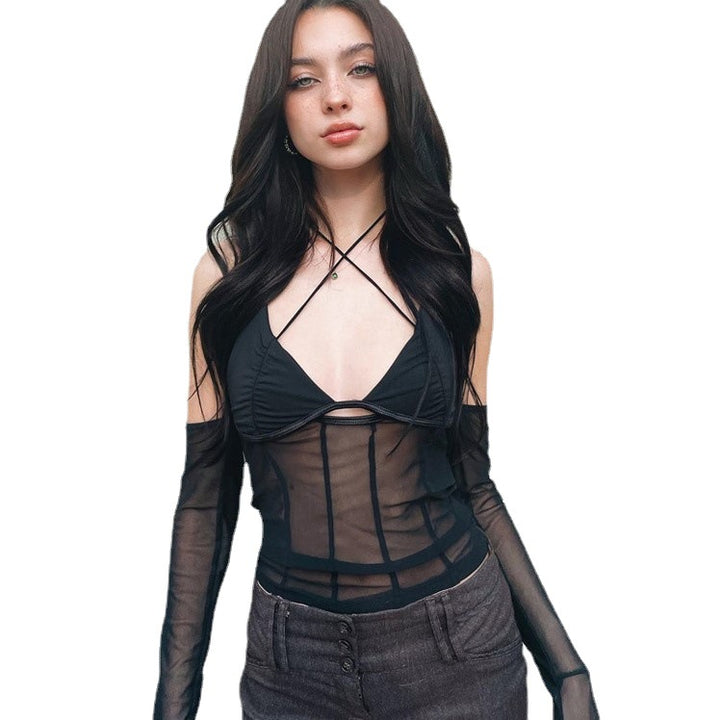 Dame crop-top med gennemsigtigt design og raffinerede flæseærmer Skovae