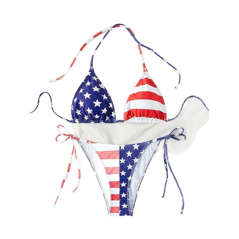 Dame triangel-bikini med justerbare sløjfer og patriotisk design Skovae
