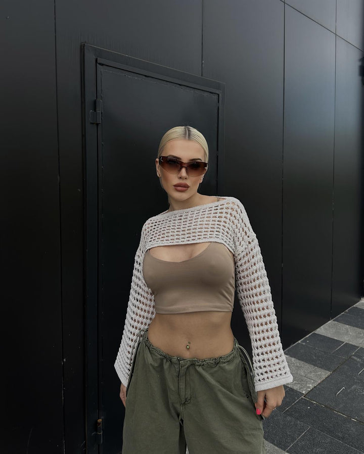 Dame hæklede Crop-Top med elegant åbent design og lange ærmer Skovae
