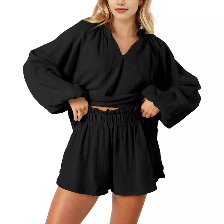 Dame let kortærmet loungewear-sæt med vide ærmer og V-hals Stilla