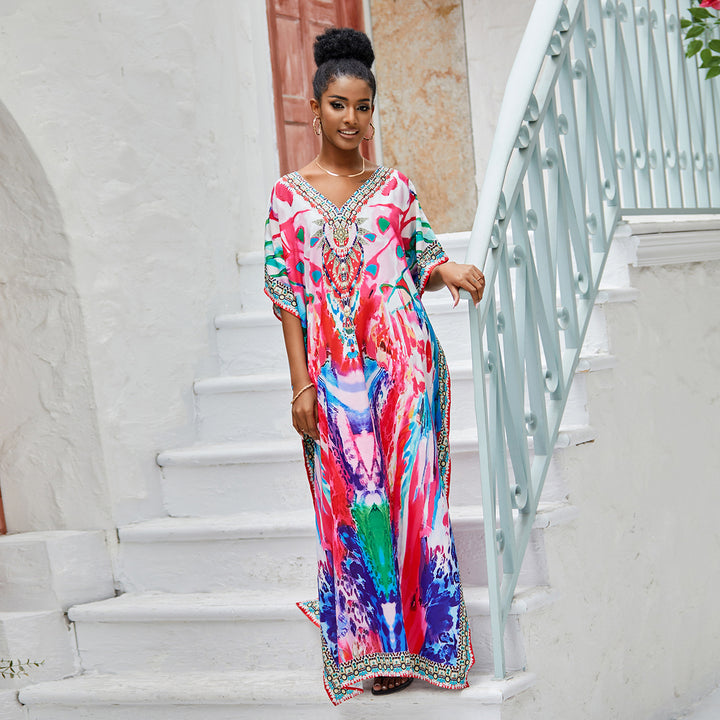 Dame Kaftan med kunstnerisk blomsterdesign og elegant V-udskæring Stilla