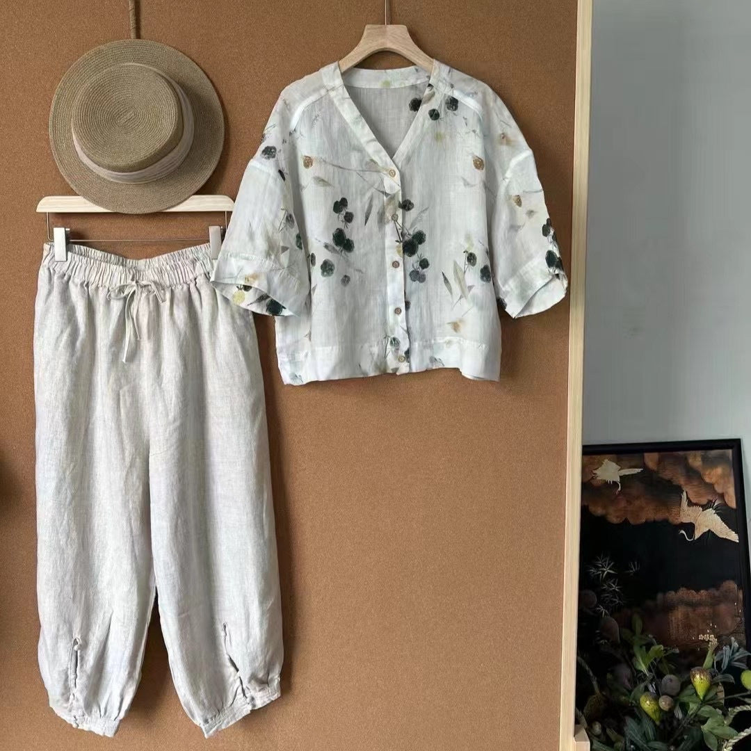 Femme Floral Print og Grafik Kortærmet Button-Up Skjorte Stilla