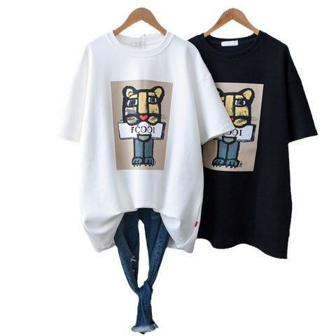 Dame T-shirt med iøjnefaldende comic-bjørnemotiv og afslappet oversized-snit Stilla