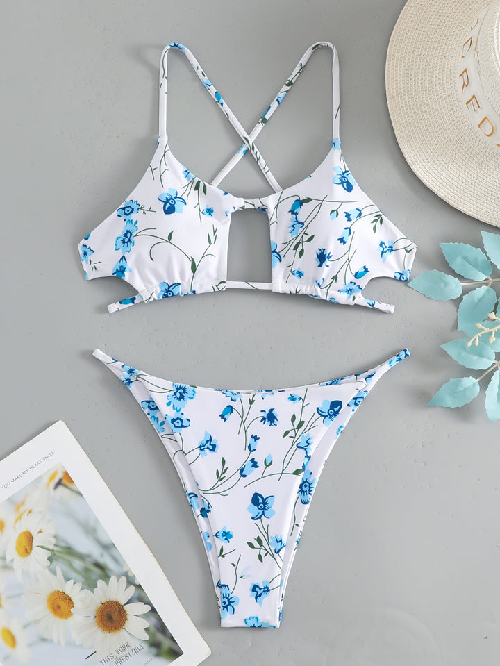 Dame trekantet bikini med forskudte stropper og blomsterprint Skovae