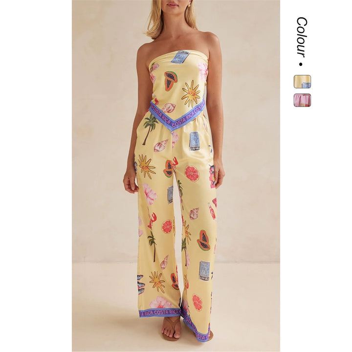 Kvinders jumpsuit med legende tropiske mønstre og elastisk top Skovae
