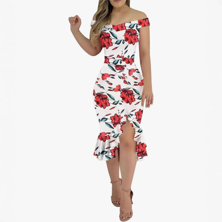 Dame Off-Shoulder Volants Midi Kjole Stilla