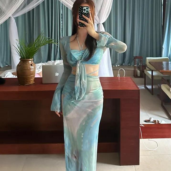 Femme Gennemsigtigt Slips-Front Crop Top og Maxi Nederdel Sæt Stilla