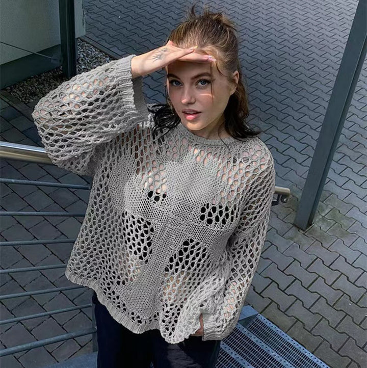 Kvinders luftige strikket sweater med åben mesh design Stilla