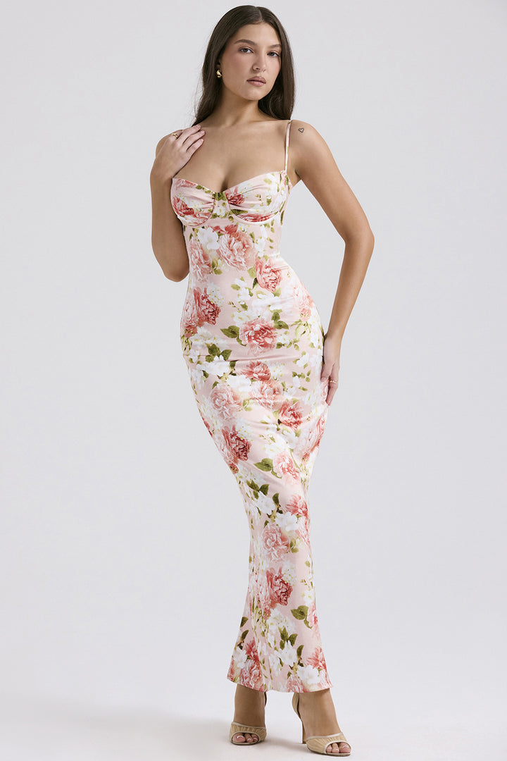 Dame maxikjole med elegant blomsterdesign og raffinerede ruffles detaljer Stilla