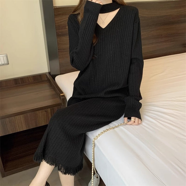 Dame High-Comfort Ribstrik Midi Kjole med Frynse-Detalje Stilla