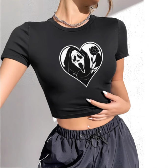 Dame Crop-T-shirt med kreativt tryk og figursyet snit Skovae