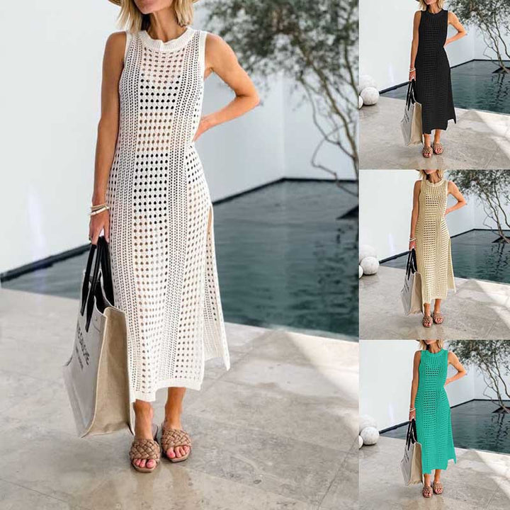 Dame strik-midi-kjole i boho-stil med luftmønster og høj udskæring Stilla