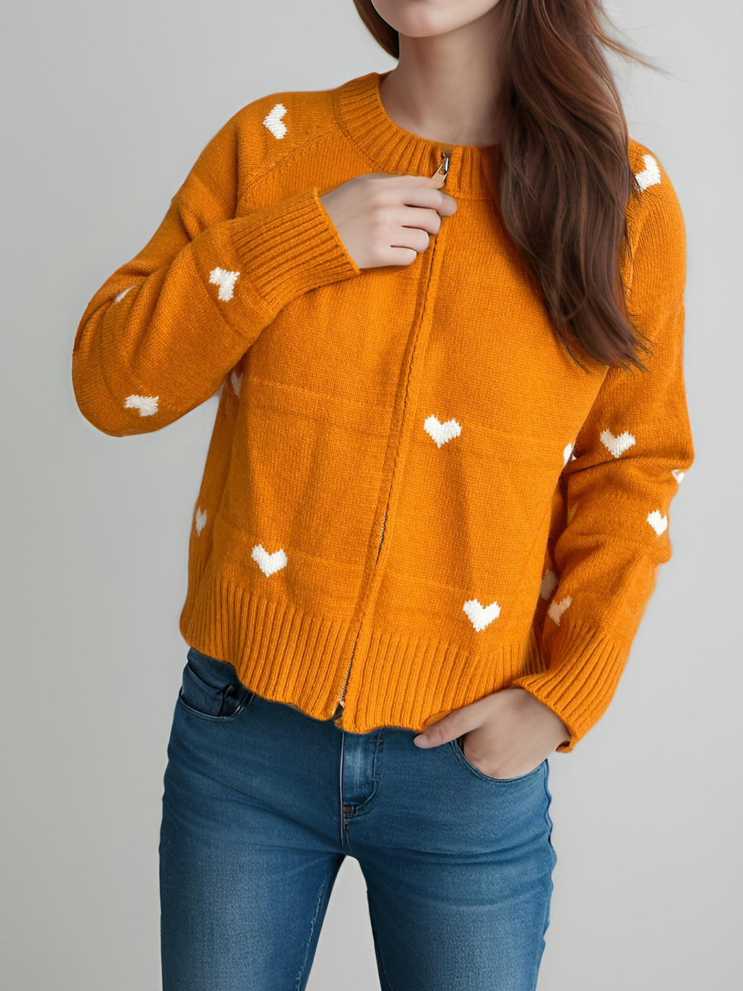 Dame modernekstrik cardigan med hjerte mønster og lynlås Stilla