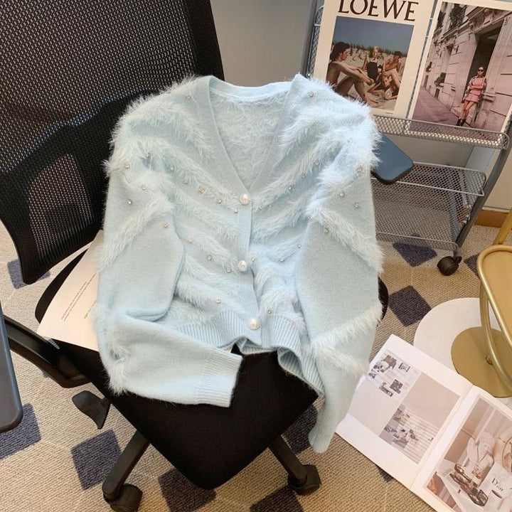 Damer Fluffy Cardigan med Perler Stilla