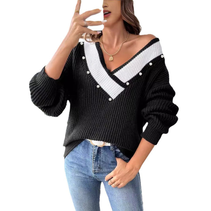 Dame elegant strikpullover med moderne V-udskæring og perleudsmykning Stilla