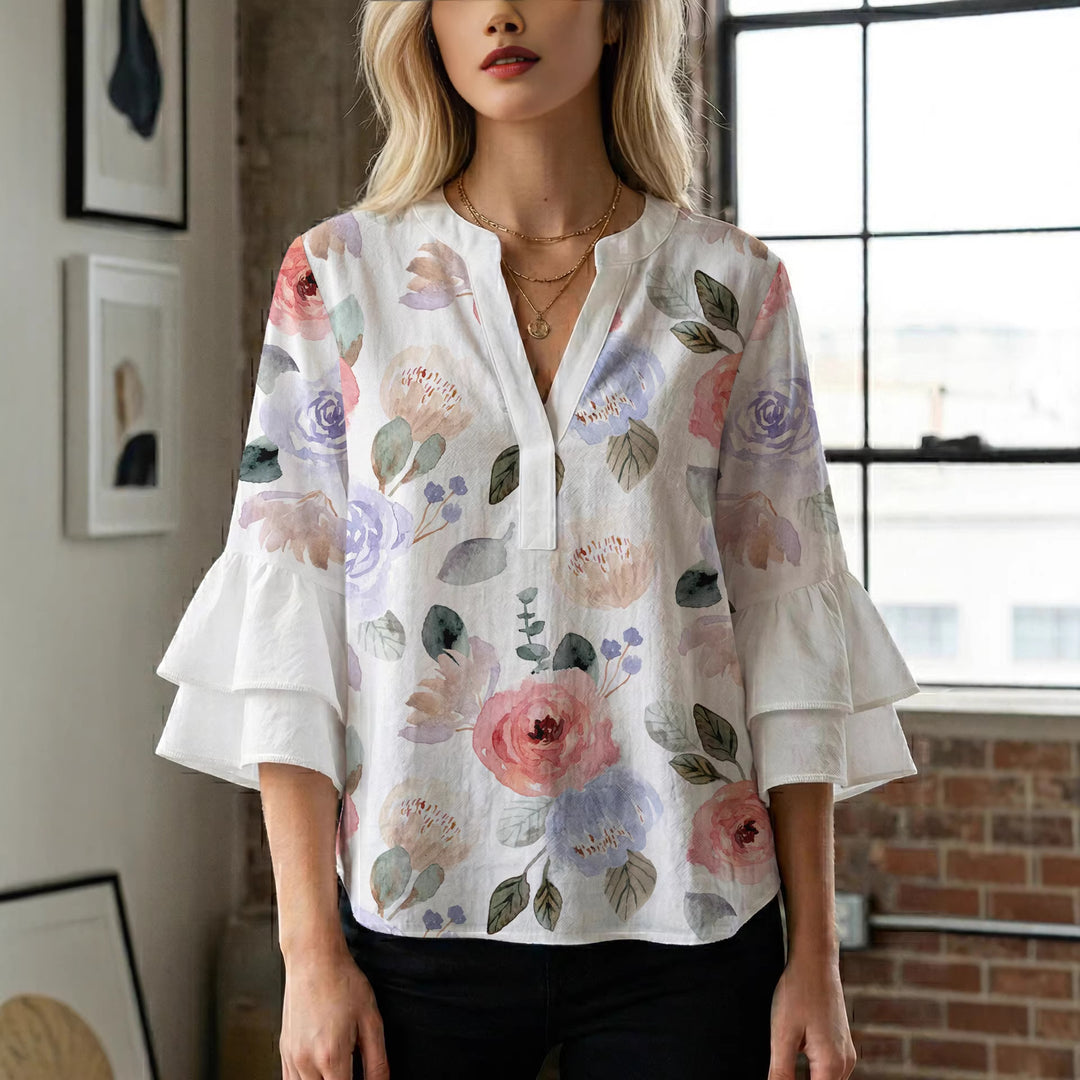 Dame Elegant top med volumiøse puffærmer og floraltryk Skovae