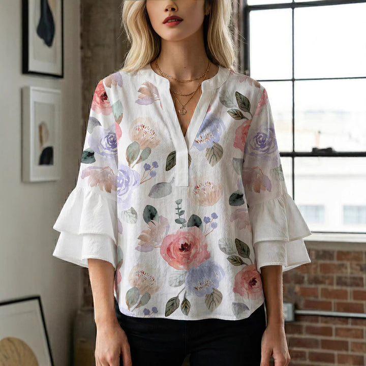 Dame Elegant top med volumiøse puffærmer og floraltryk Skovae