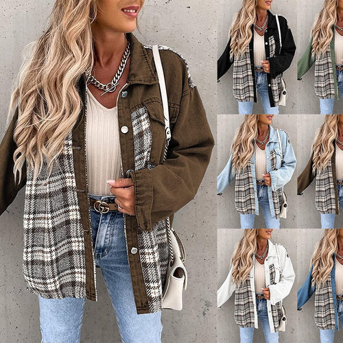 Dame Oversized Jeansjakke med ternet mønster og knapdetaljer Stilla