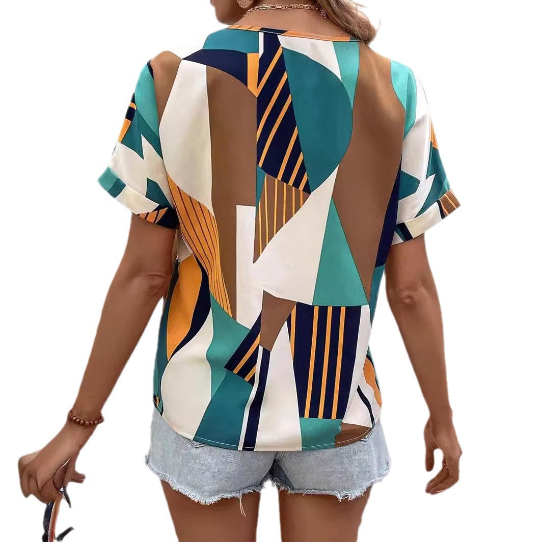 Dame Geometrisk Print V-Hals Top Stilla