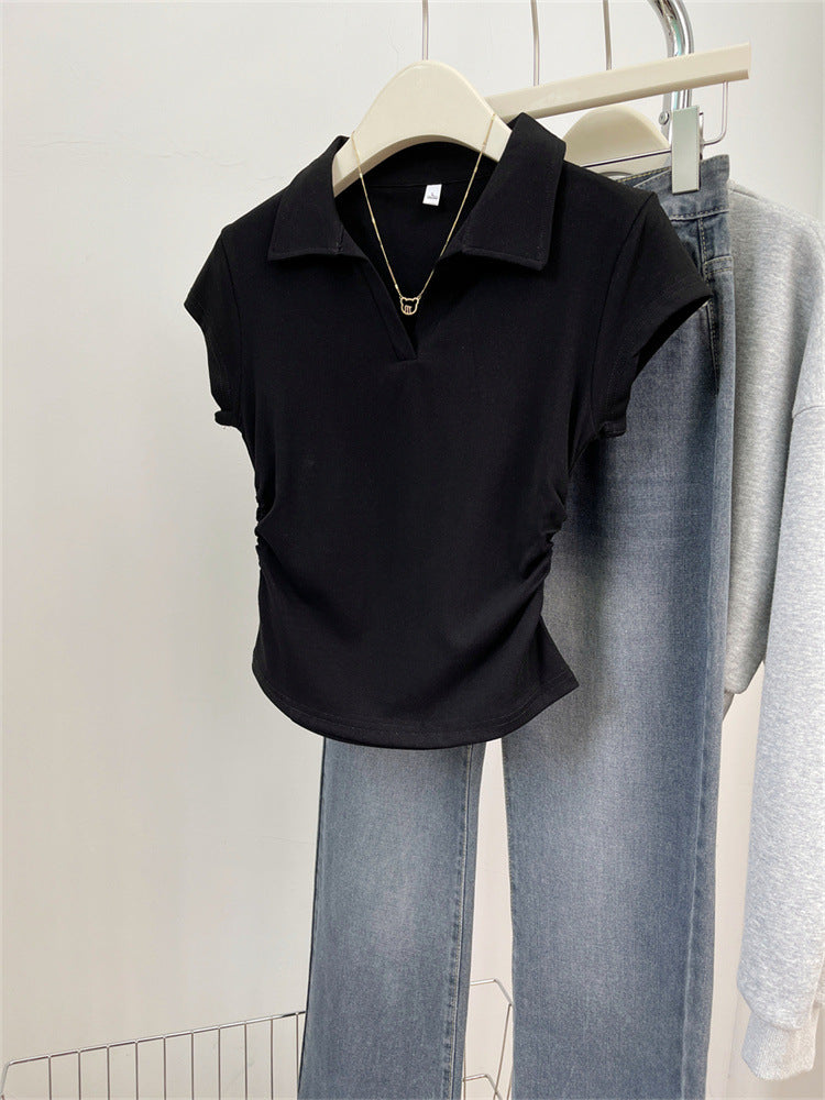 Femme Cropped Polo Stil Top med sidelæns rynkning 詳細 Stilla