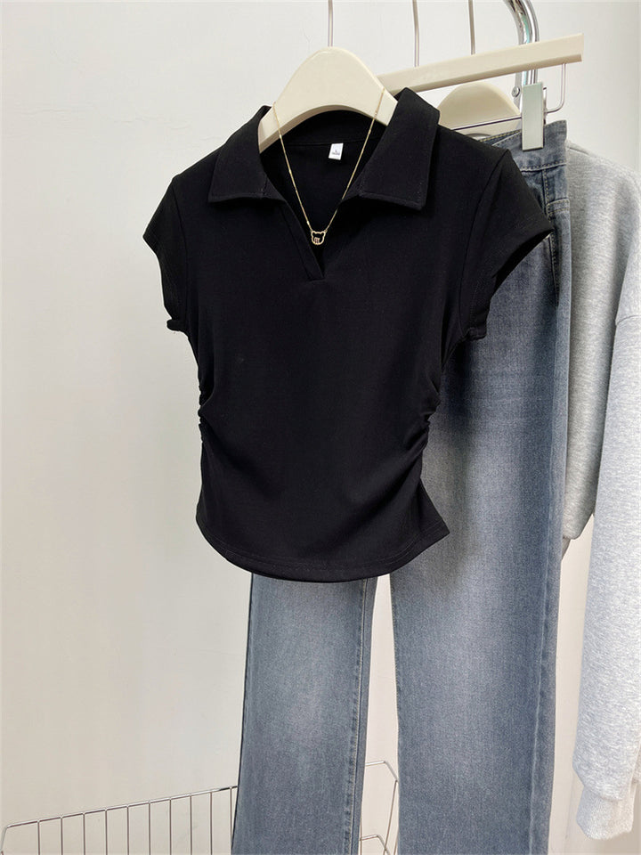 Femme Cropped Polo Stil Top med sidelæns rynkning 詳細 Stilla