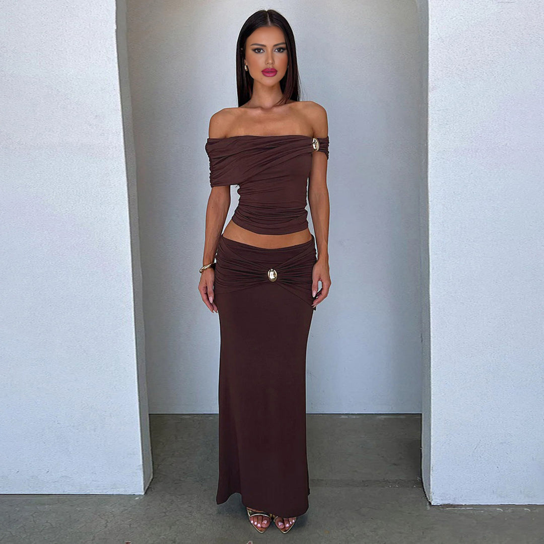 Dame Elegant Offshoulder Maxikjole med raffinerede rynkeeffekter Skovae