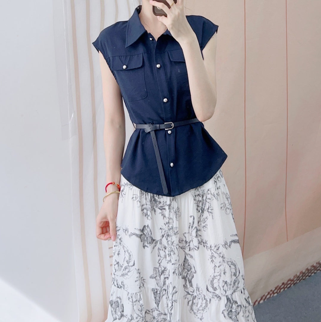 Dame Elegant Modekombination af chic bluse skjorte med bælte og blomster maxi nederdele Stilla