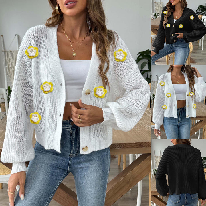 Damer moderigtig strik-Cardigan med innovativt blomstermotiv og ballonærmer Stilla